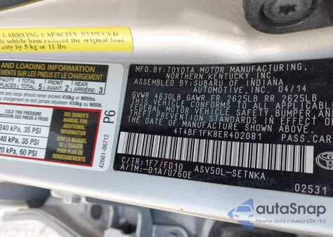 2014 Toyota Camry Le z USA, uszkodzony, nr VIN 4T4BF1FK8ER402081